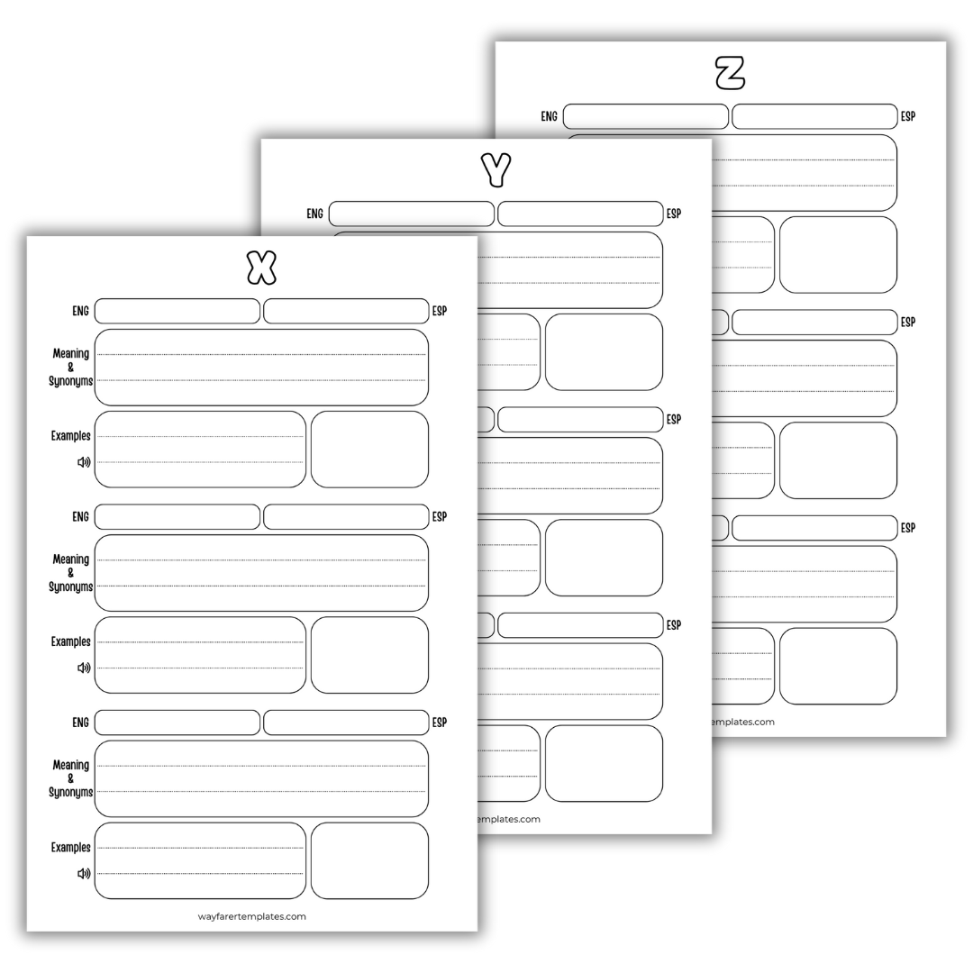 English Spanish dictionary printable template