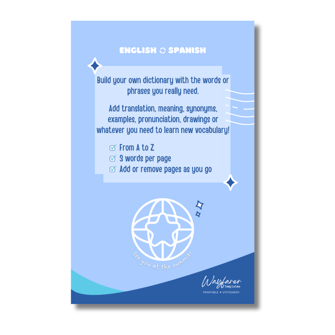 English Spanish dictionary printable template