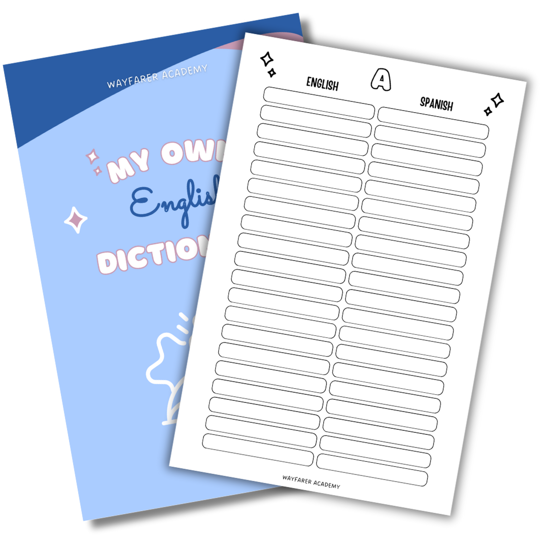 Digital stationery. Printable templates. Language notebook. Customizable dictionary to learn English vocabulary. 20 words. Black and white.