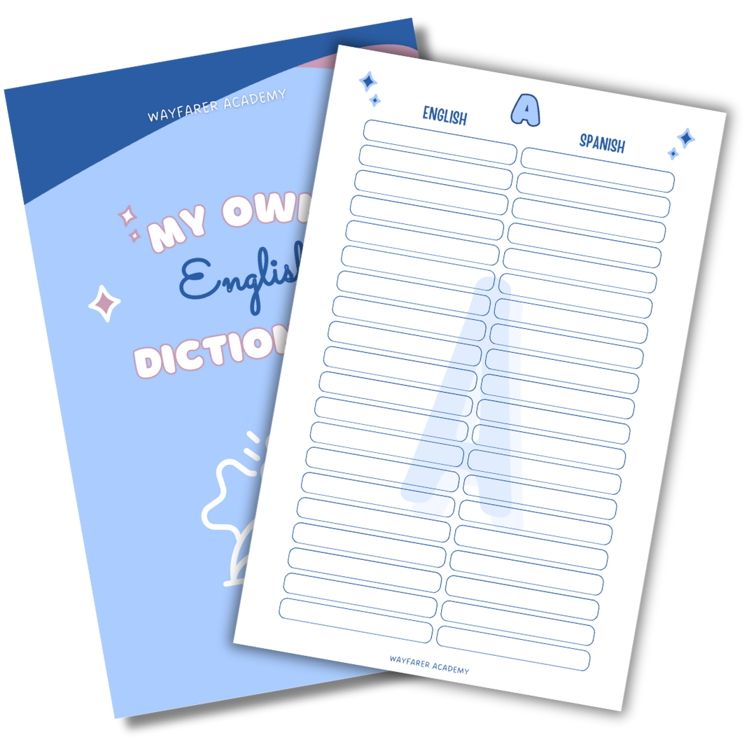 Digital stationery. Printable templates. Language notebook. Customizable dictionary to learn English vocabulary. 20 words. Blue.