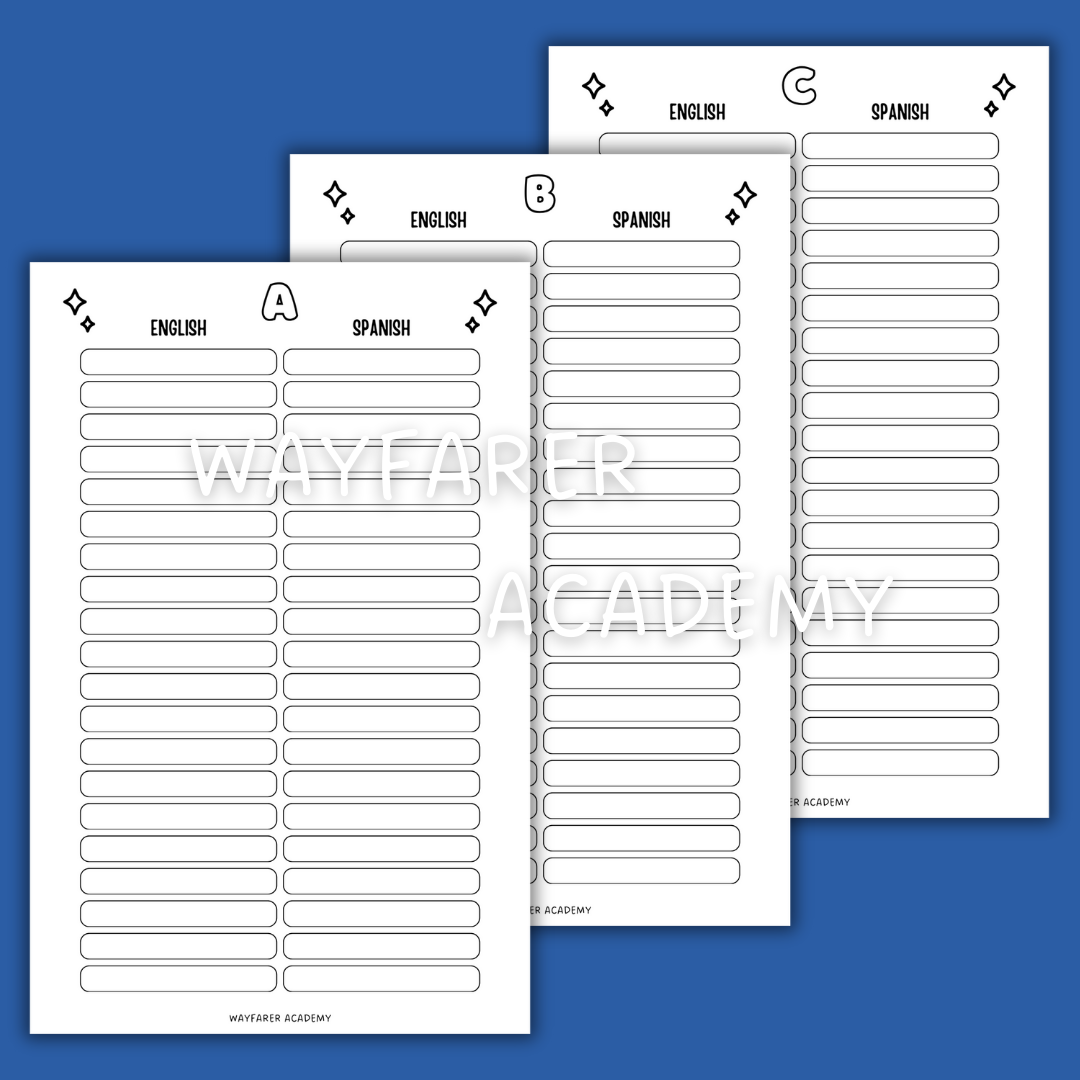 Digital stationery. Printable templates. Language notebook. Customizable dictionary to learn English vocabulary. 20 words. ABC. Black and white.