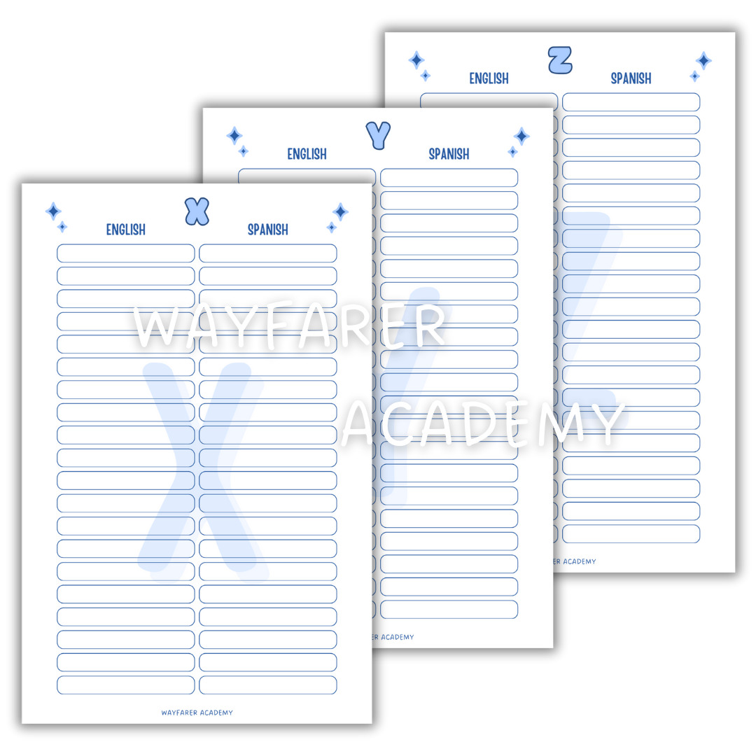 Digital stationery. Printable templates. Language notebook. Customizable dictionary to learn English vocabulary. 20 words. XYZ. Blue.
