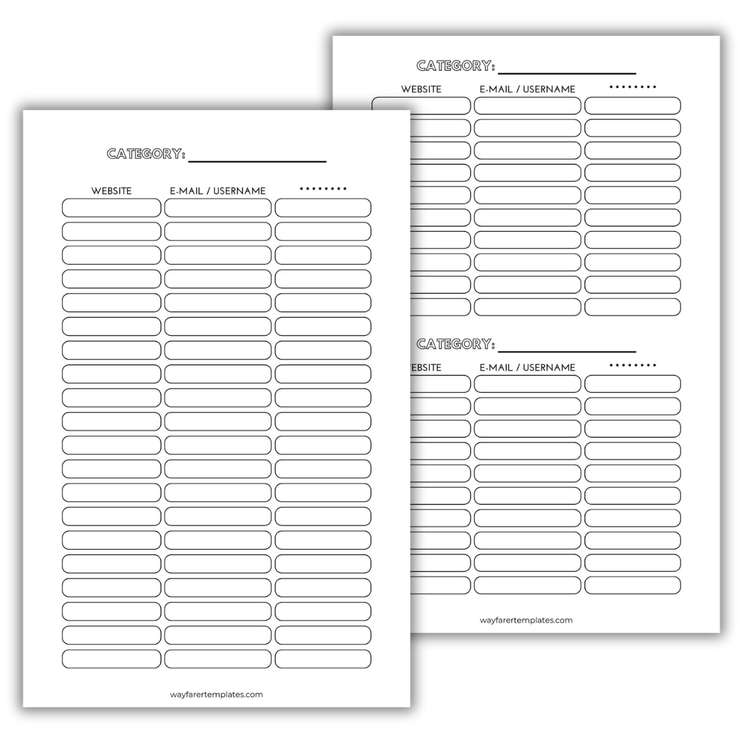 Password manager printable template