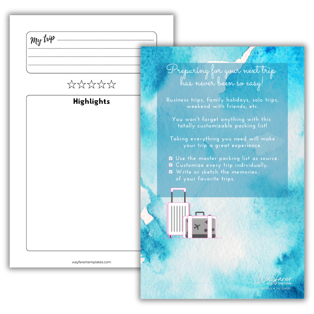 Travel packing list printable template