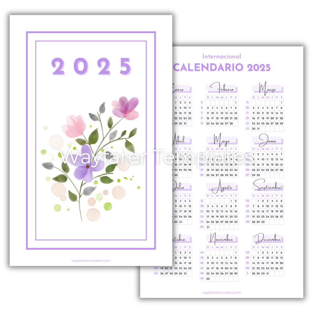 Calendario imprimible 2025 Internacional. Papelería digital.