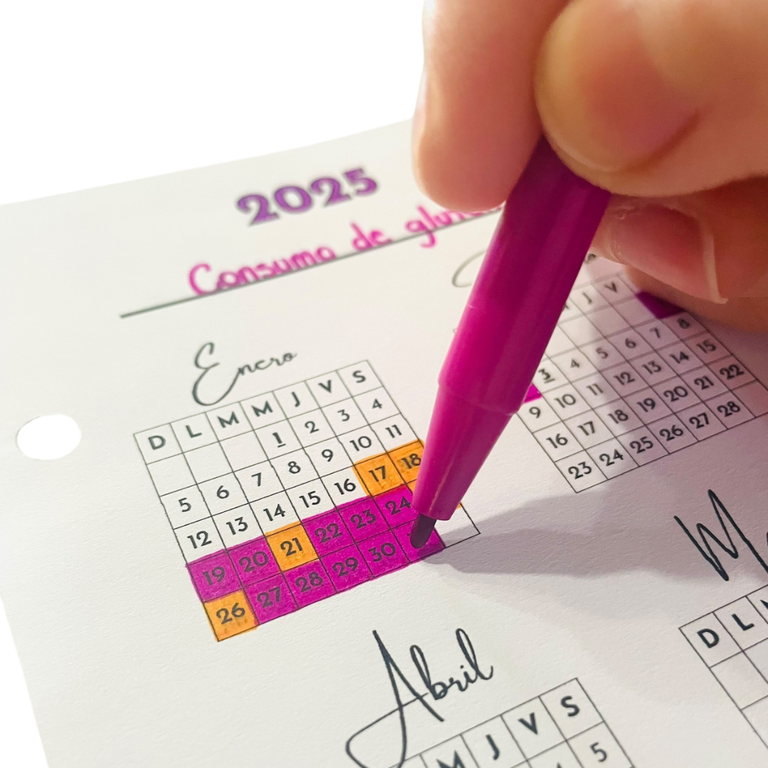 Plantillas para imprimir. Fotografía registro de hábitos en calendario 2025. Mi año en pixeles. Consumo de gluten. Papelería digital.