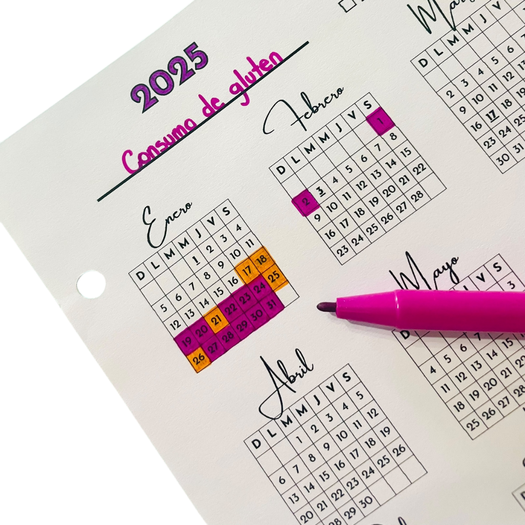 Plantillas para imprimir. Fotografía registro de hábitos en calendario 2025. Mi año en pixeles. Consumo de gluten. Papelería digital.