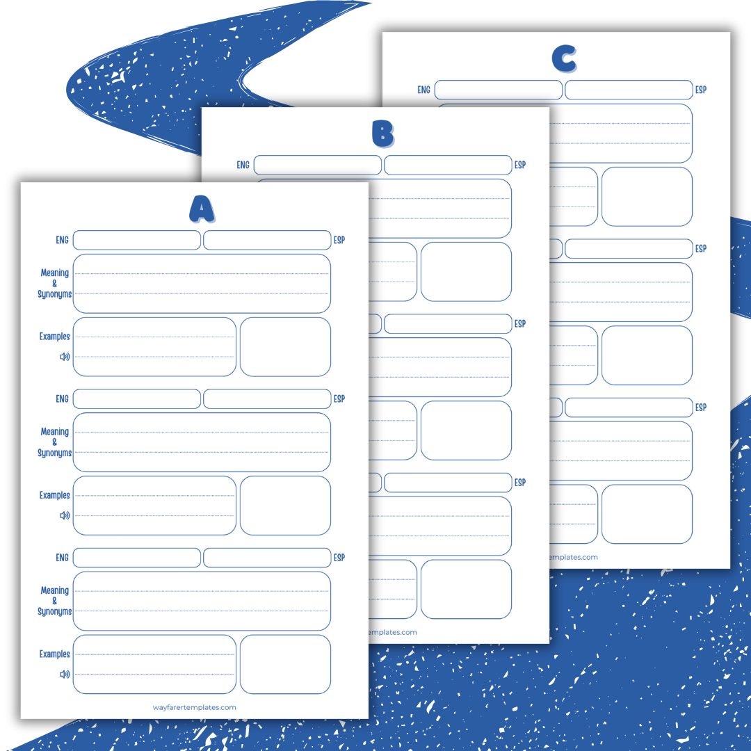 English Spanish dictionary printable template