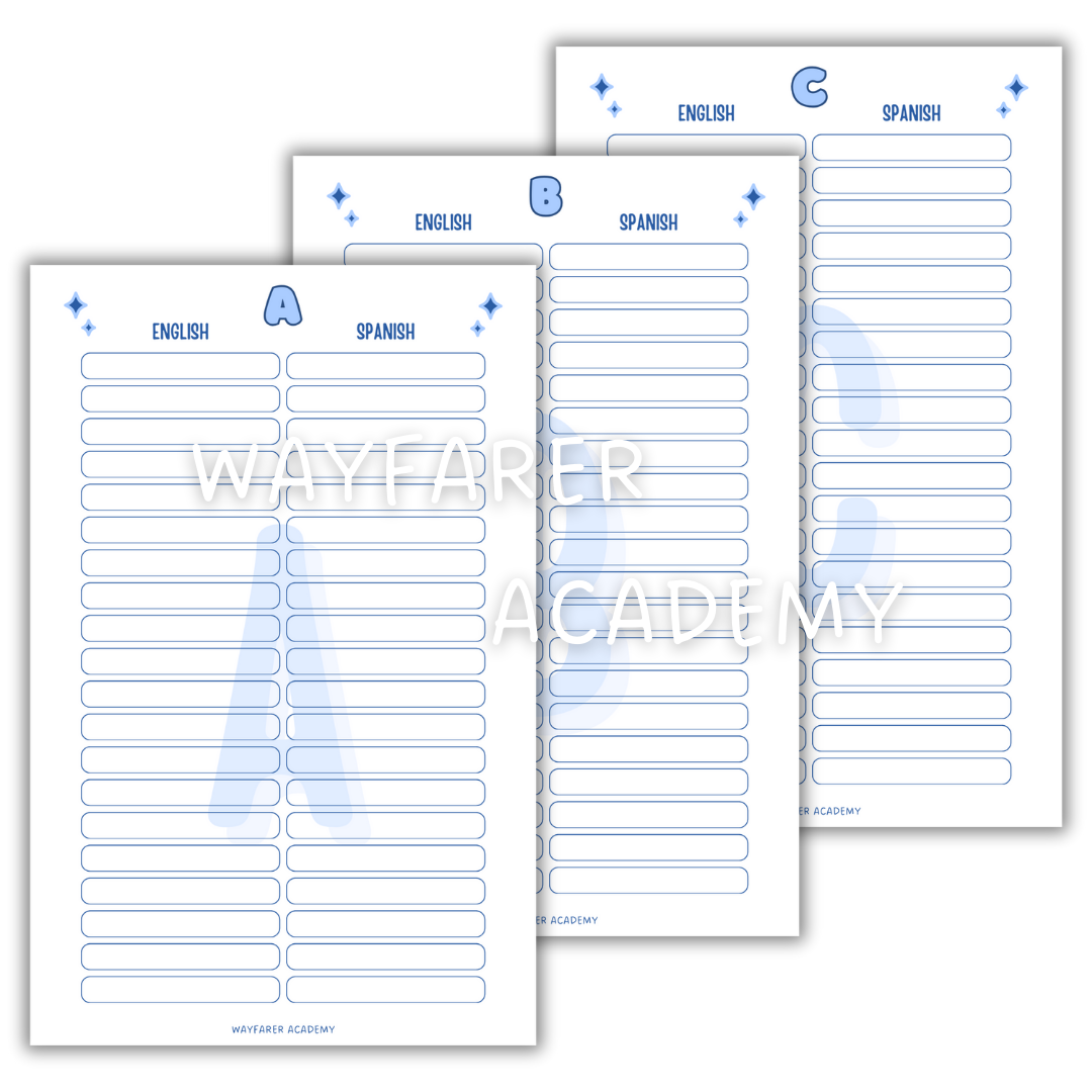 Digital stationery. Printable templates. Language notebook. Customizable dictionary to learn English vocabulary. 20 words. ABC. Blue.