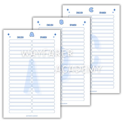 Digital stationery. Printable templates. Language notebook. Customizable dictionary to learn English vocabulary. 20 words. ABC. Blue.