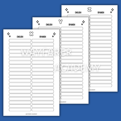 Digital stationery. Printable templates. Language notebook. Customizable dictionary to learn English vocabulary. 20 words. XYZ. Black and white.