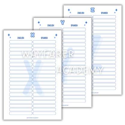 Digital stationery. Printable templates. Language notebook. Customizable dictionary to learn English vocabulary. 20 words. XYZ. Blue.