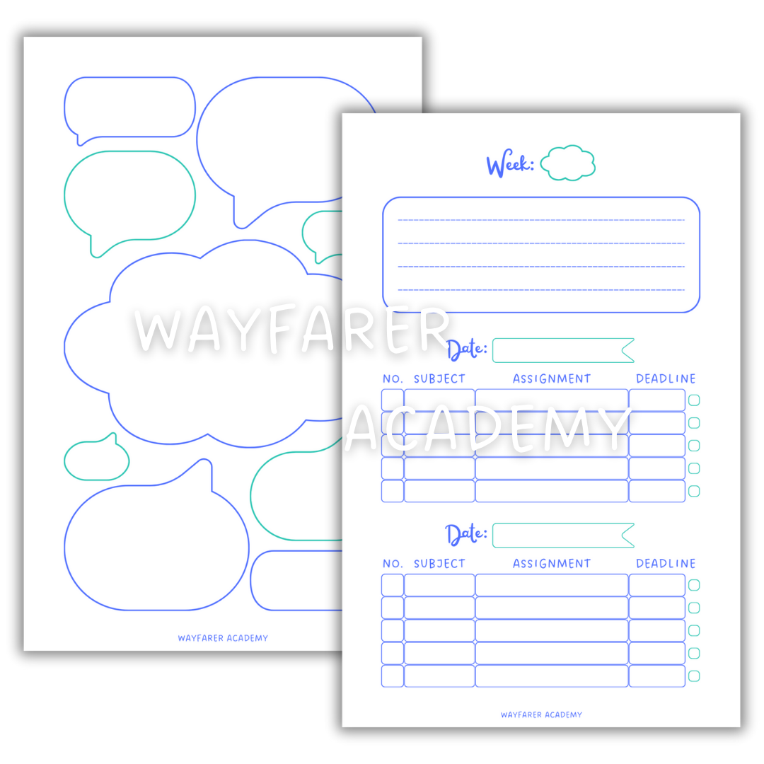 Digital stationery. Printable templates. Weekly homework planner. Blue.