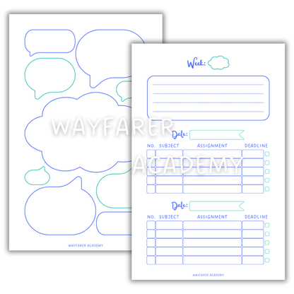 Digital stationery. Printable templates. Weekly homework planner. Blue.