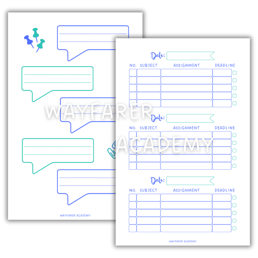 Digital stationery. Printable templates. Weekly homework planner. Blue.