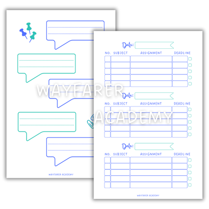 Digital stationery. Printable templates. Weekly homework planner. Blue.