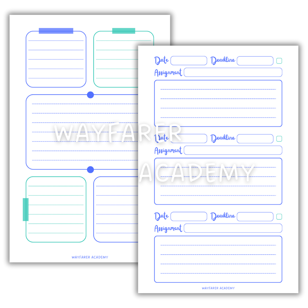 Digital stationery. Printable templates. Weekly homework planner. Blue.