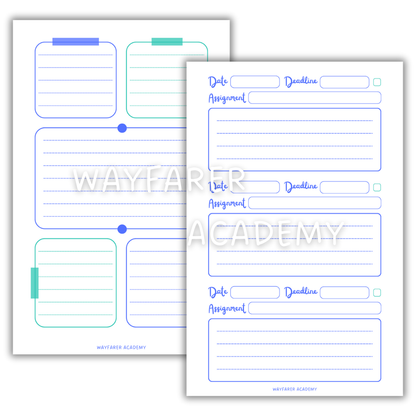 Digital stationery. Printable templates. Weekly homework planner. Blue.