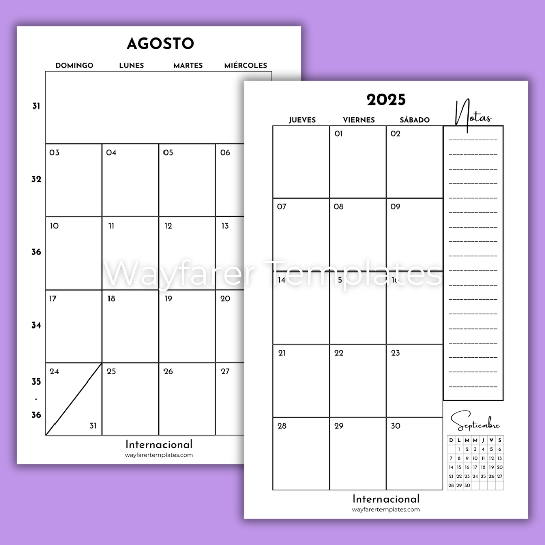 Planificador mensual Agosto 2025 Internacional