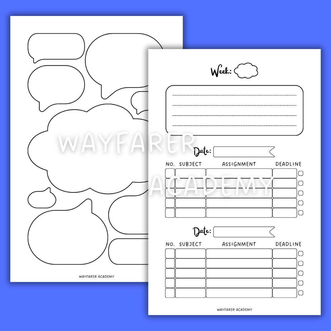 Digital stationery. Printable templates. Weekly homework planner. Black and white.