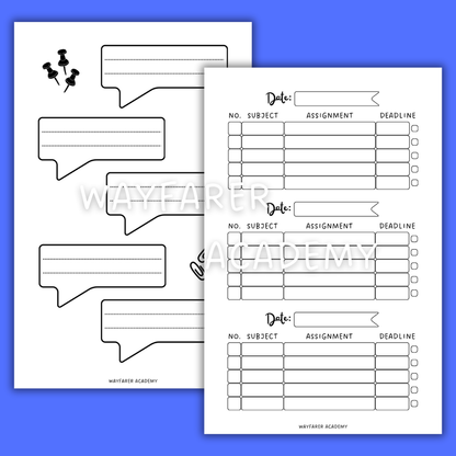 Digital stationery. Printable templates. Weekly homework planner. Black and white.