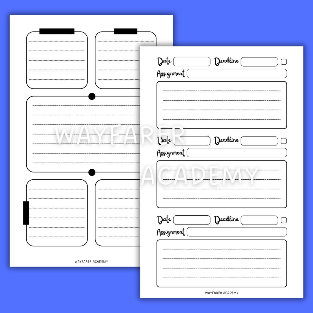 Digital stationery. Printable templates. Weekly homework planner. Black and white.