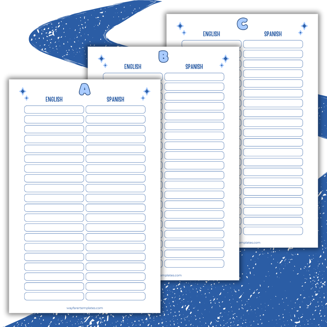 English Spanish dictionary printable template