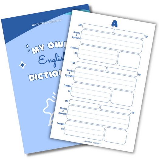 Digital stationery. Printable templates. Language notebook. Customizable dictionary to learn English vocabulary. 3 words. Blue.