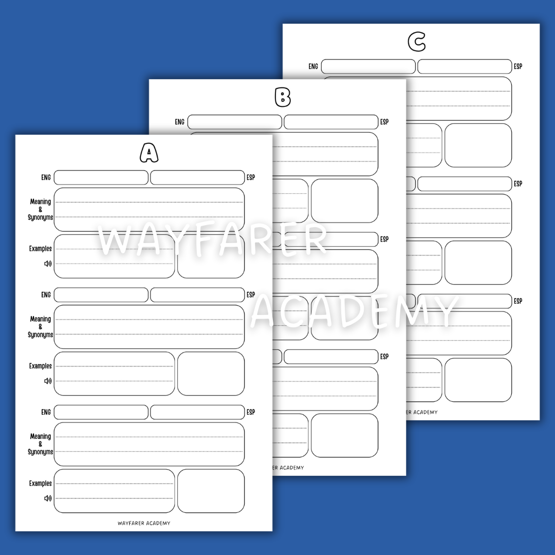 Digital stationery. Printable templates. Language notebook. Customizable dictionary to learn English vocabulary. 3 words. ABC. Black and white.