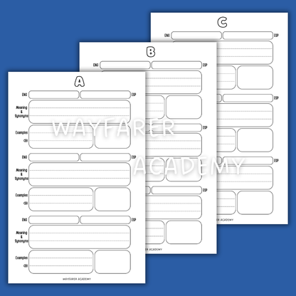 Digital stationery. Printable templates. Language notebook. Customizable dictionary to learn English vocabulary. 3 words. ABC. Black and white.