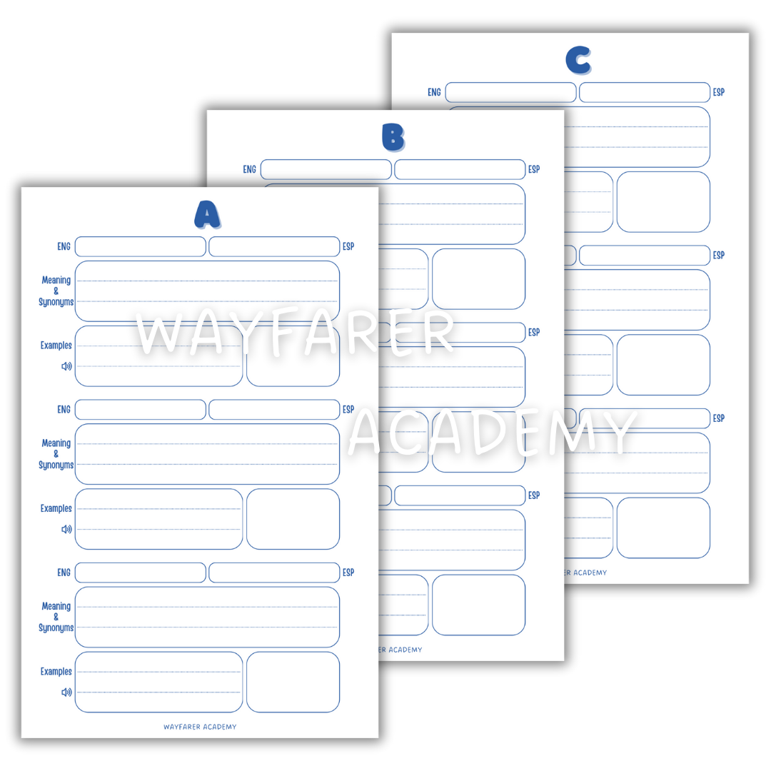 Digital stationery. Printable templates. Language notebook. Customizable dictionary to learn English vocabulary. 3 words. ABC. Blue.