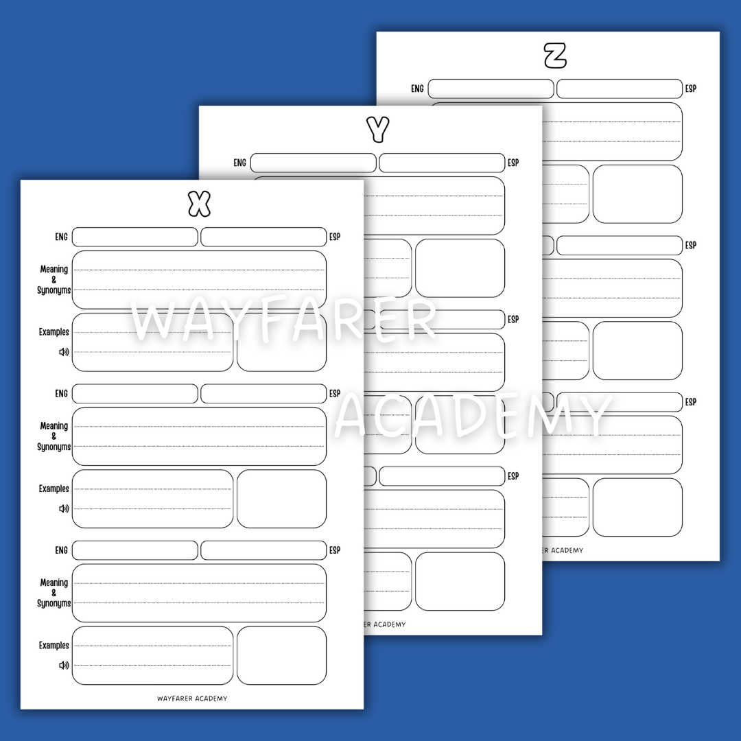 Digital stationery. Printable templates. Language notebook. Customizable dictionary to learn English vocabulary. 3 words. XYZ. Black and white.