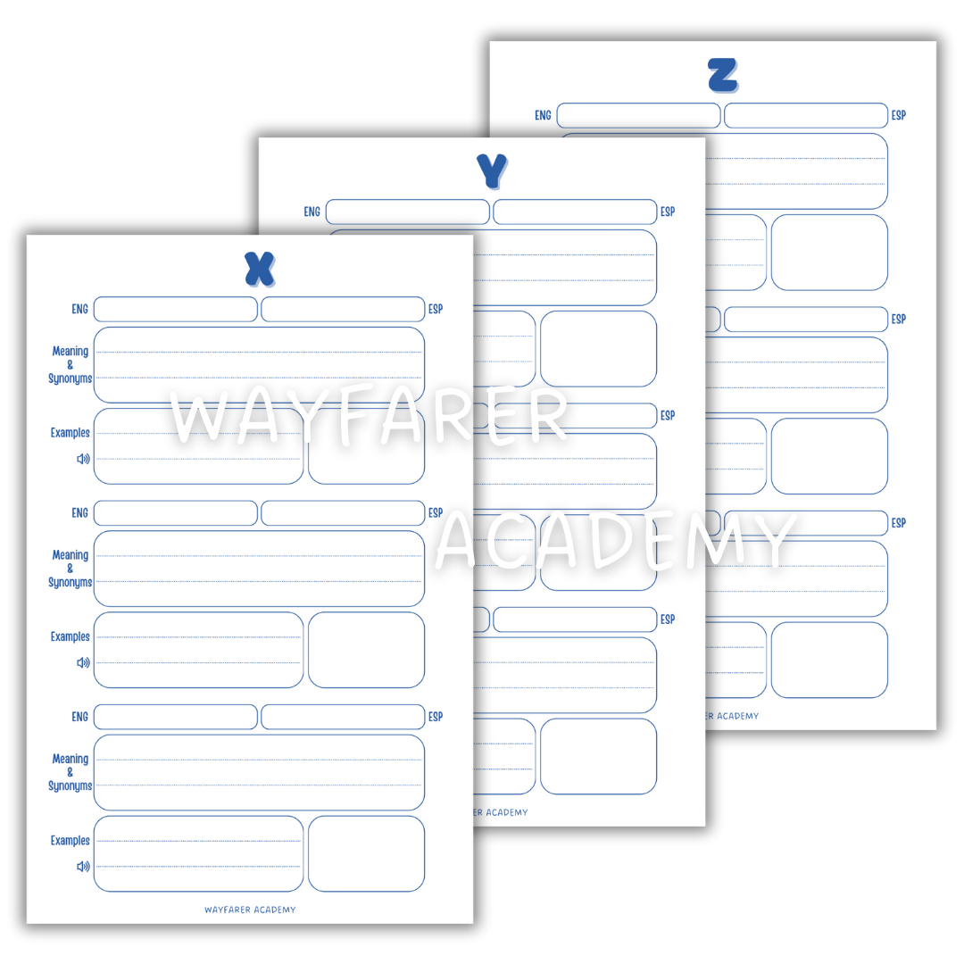 Digital stationery. Printable templates. Language notebook. Customizable dictionary to learn English vocabulary. 3 words. XYZ. Blue.