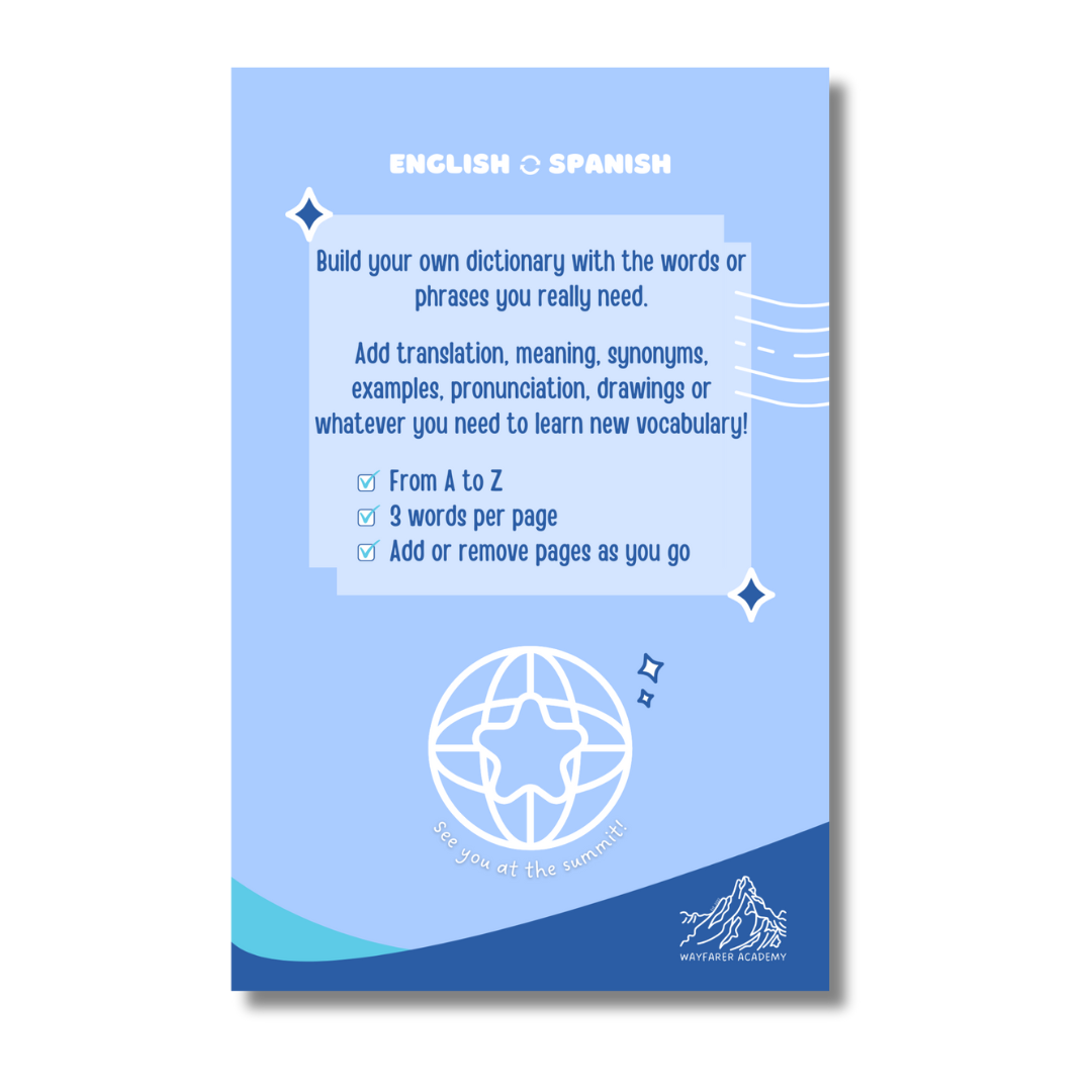Digital stationery. Printable templates. Language notebook. Customizable dictionary to learn English vocabulary. 3 words. My own English dictionary back cover.