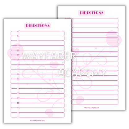 Recipe book directions template printable insert