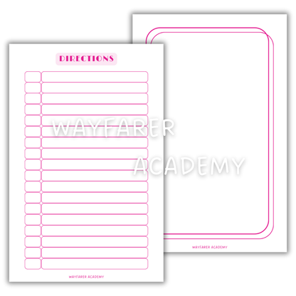 Recipe book directions template and blank page printable insert