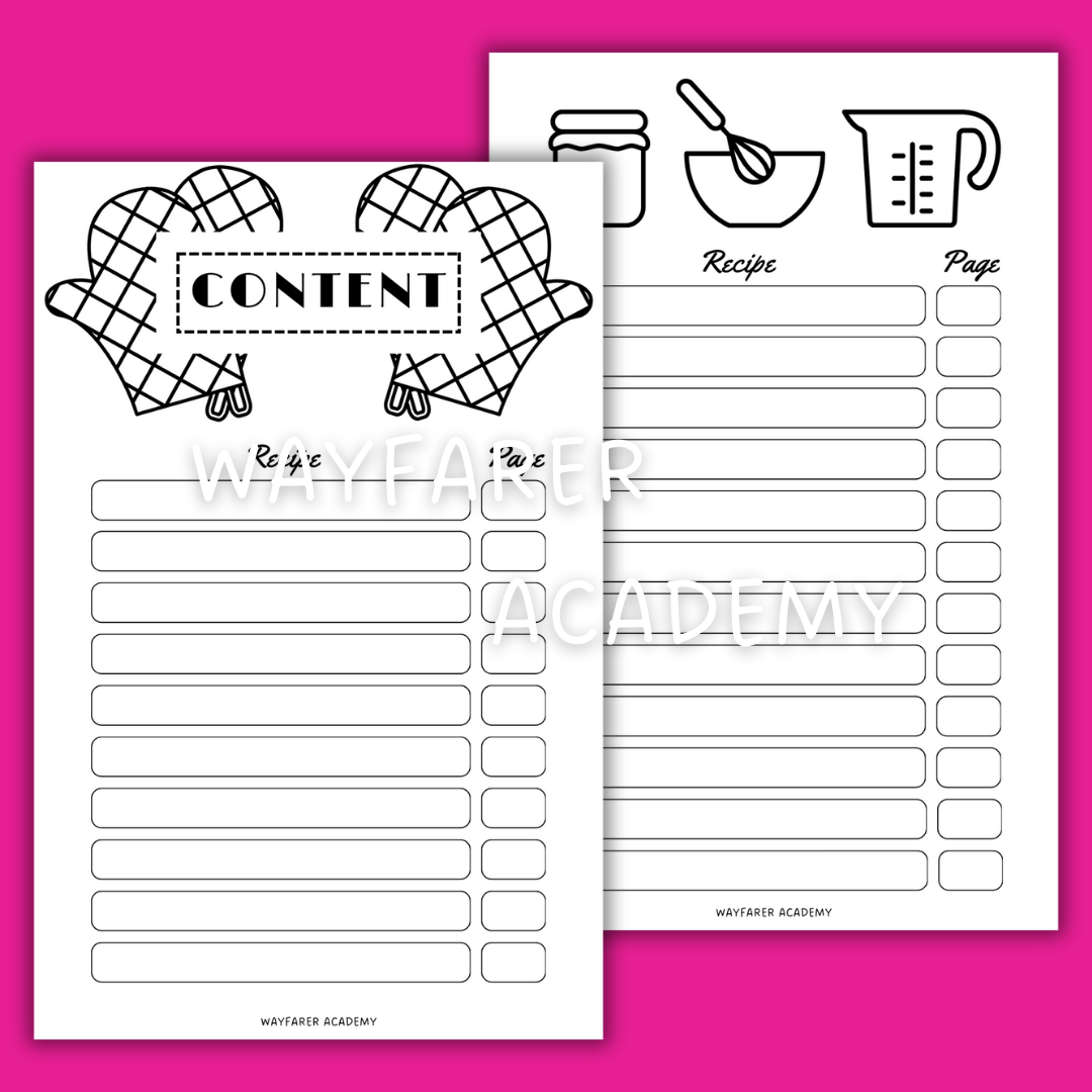 Recipe book content page template printable insert