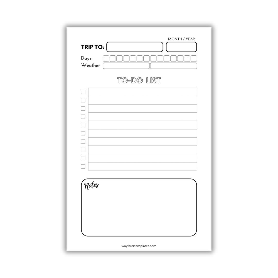 Travel packing list printable template