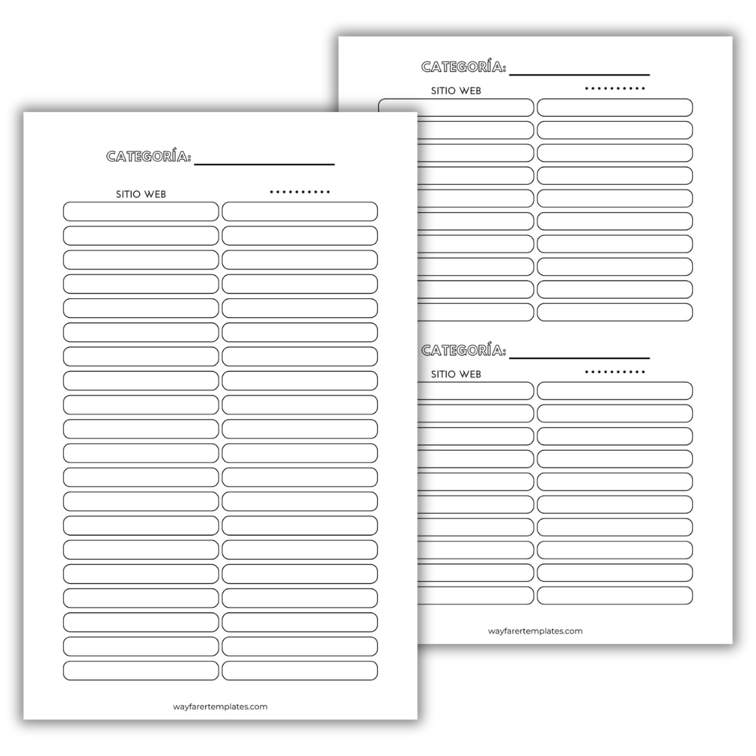 Administrador de contraseñas plantilla imprimible
