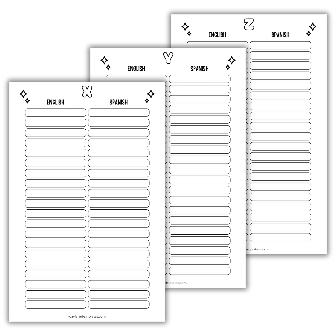 English Spanish dictionary printable template
