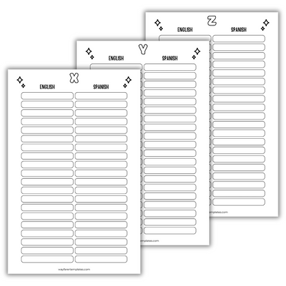 English Spanish dictionary printable template