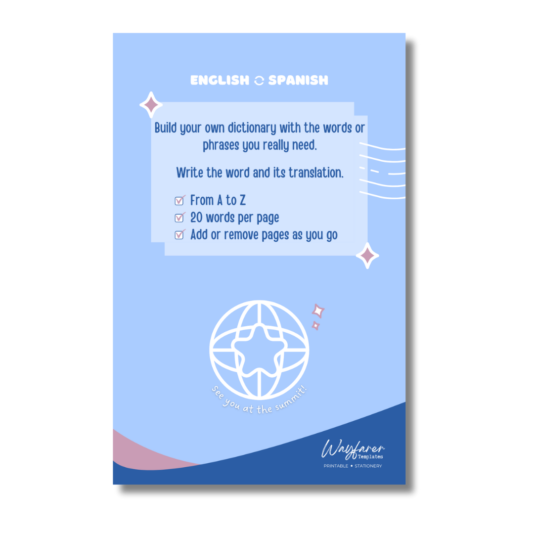English Spanish dictionary printable template