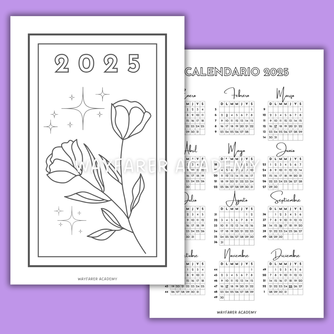 Papelería digital. Calendario 2025 México. Plantillas para imprimir gratis. Blanco y negro.