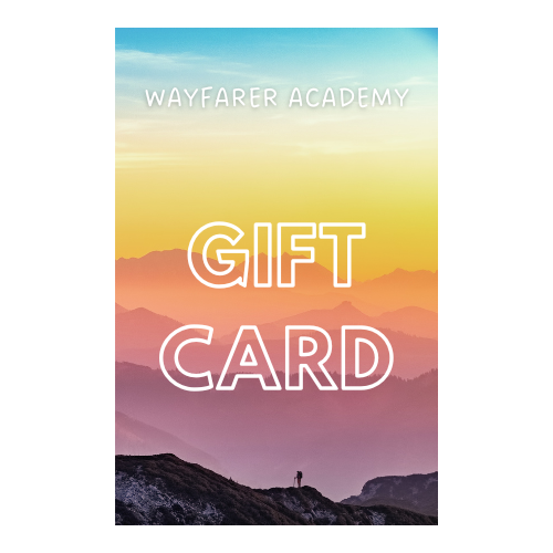 Gift card colorful landscape with wayfarer hiking in the mountains