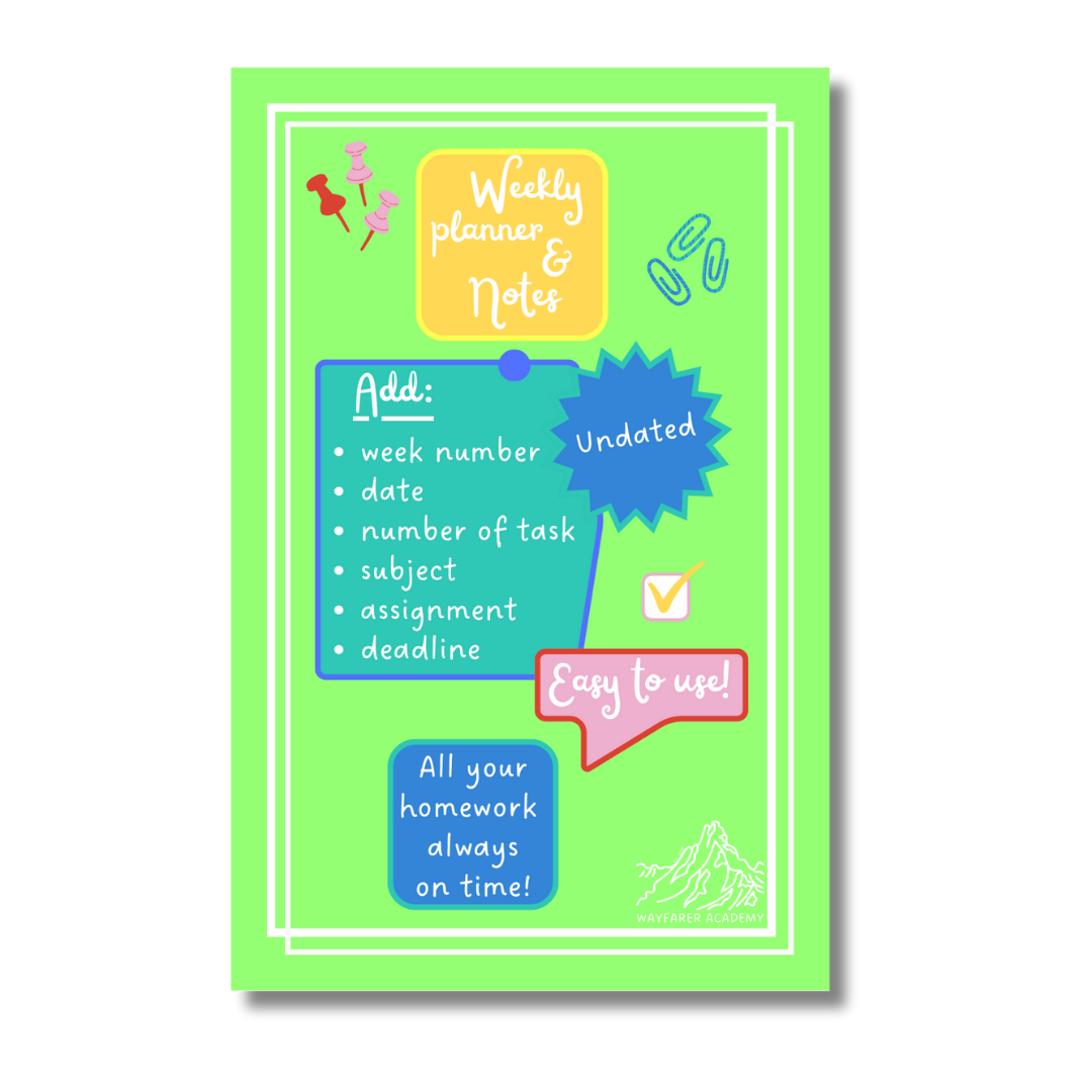 Digital stationery. Printable templates. Weekly homework planner. Blue. Weekly homework planner back cover.