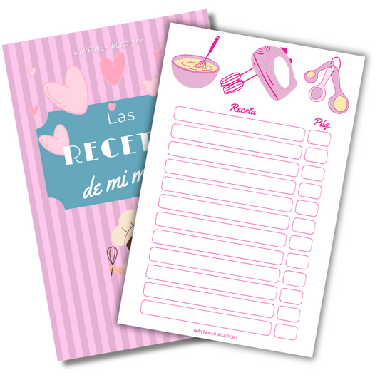 Papelería digital. Plantillas imprimibles. Recetario de cocina para recetas familiares. Las recetas de mi mamá. 12 recetas por página. Color rosa.
