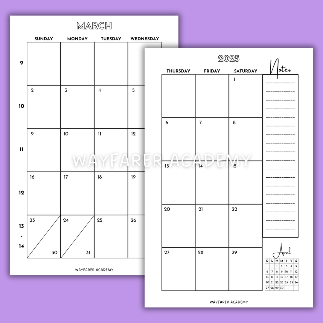 Digital stationery. Monthly USA planner: March 2025. Free printable templates. Black and white.