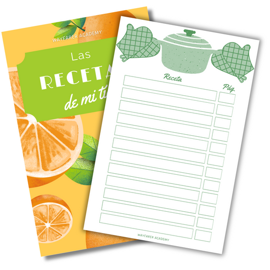Plantillas para imprimir. Recetario de cocina para recetas familiares: Las recetas de mi tía. Papelería digital. Color verde.