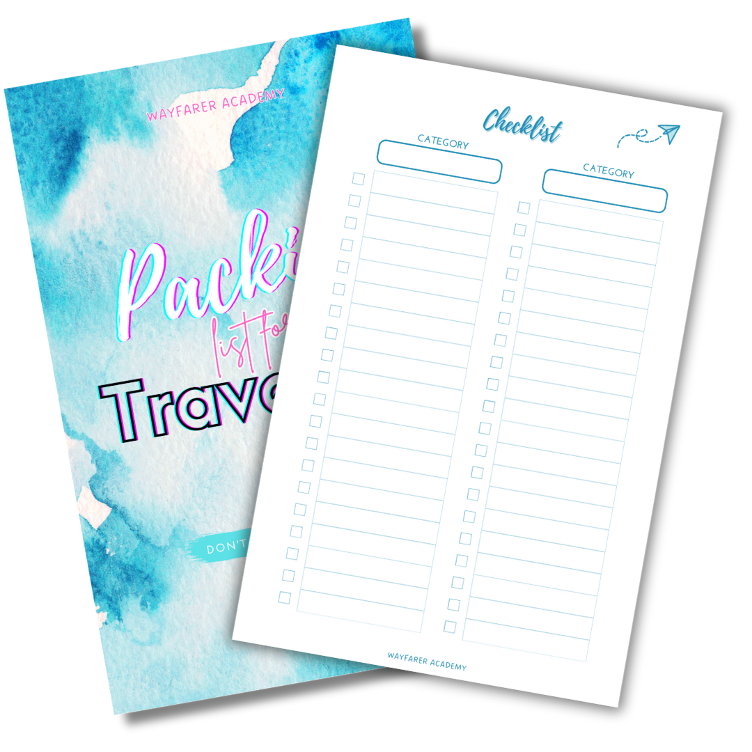 Digital stationery. Printable templates. Packing list for travel. Checklist with 2 categories. Cyan.
