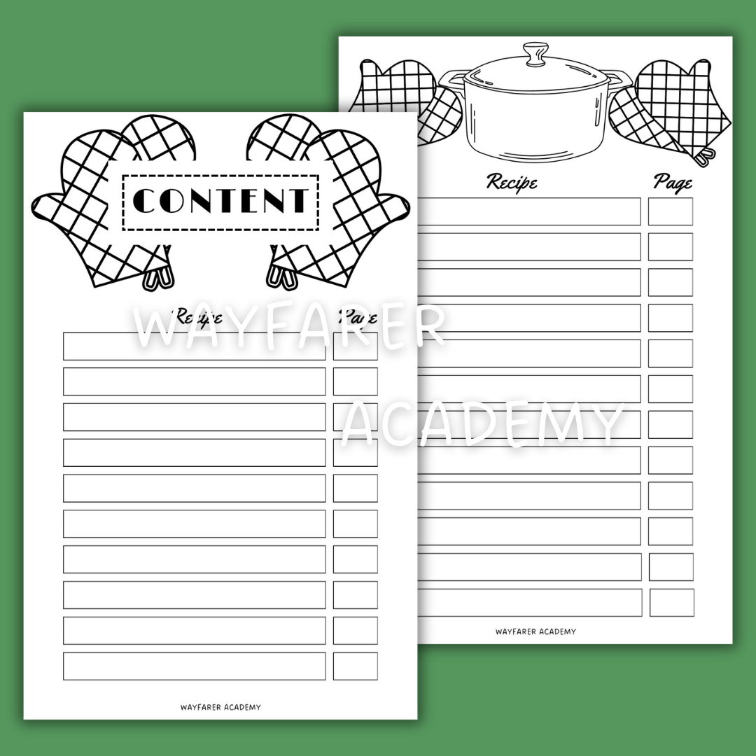 Recipe book content page template printable insert